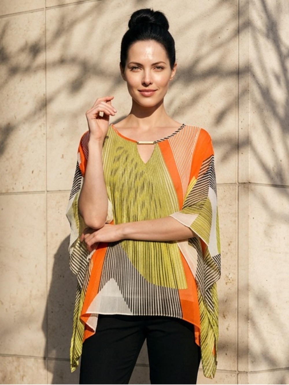 IC by Connie k Abstract Pleated Chiffon V-Neck Kimono 3/4 Sleeve Blouse M